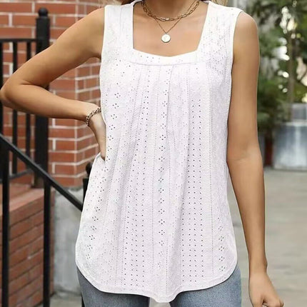 Summer Tank Top for Women Square Neck Sleeveless Flowy Pleated Eyelet Loose Fit Tops