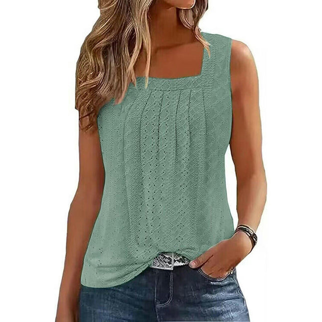 Summer Tank Top for Women Square Neck Sleeveless Flowy Pleated Eyelet Loose Fit Tops