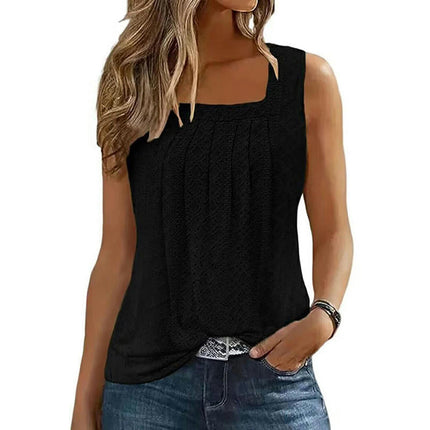 Summer Tank Top for Women Square Neck Sleeveless Flowy Pleated Eyelet Loose Fit Tops