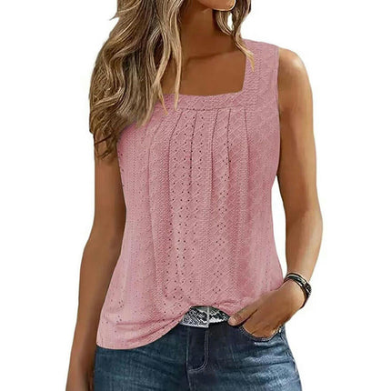 Summer Tank Top for Women Square Neck Sleeveless Flowy Pleated Eyelet Loose Fit Tops