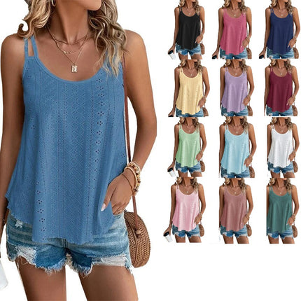 Womens Tank Tops Spaghetti Strap Camisoles Eyelet Embroidery Scoop Neck Tops