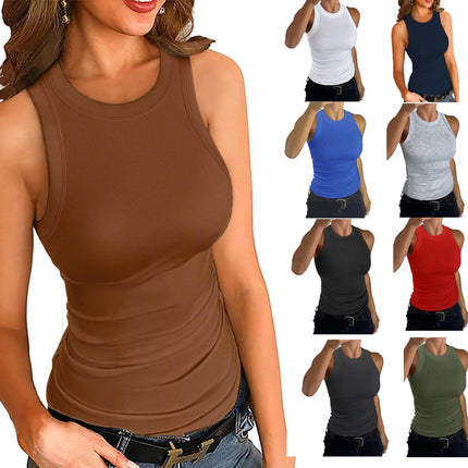 Womens Summer Stretch Slim Round Neck Ribbed Tank Basic Solid Top