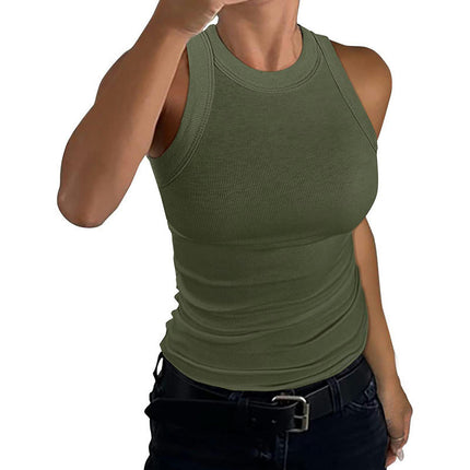 Womens Summer Stretch Slim Round Neck Ribbed Tank Basic Solid Top