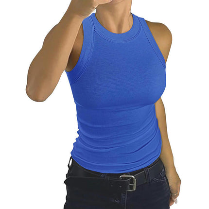 Womens Summer Stretch Slim Round Neck Ribbed Tank Basic Solid Top