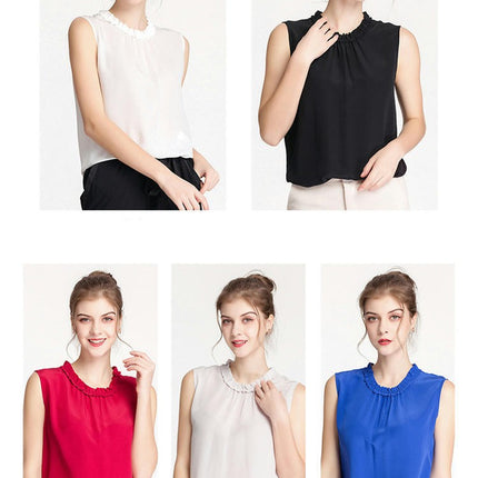 Womens Silk Tank Tops Loose Fit Sleeveless Ruffle Neck Casual Pleated Tops