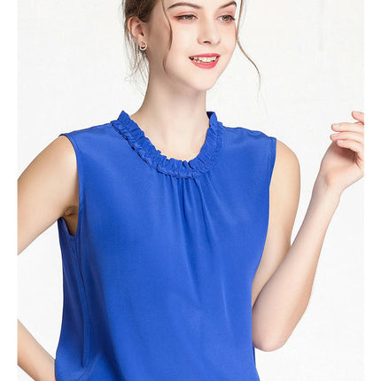 Womens Silk Tank Tops Loose Fit Sleeveless Ruffle Neck Casual Pleated Tops