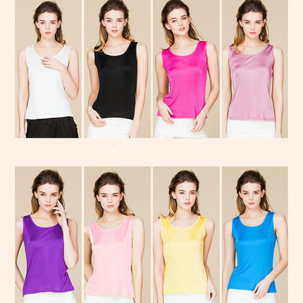 Women Silk Tank Tops Casual Sleeveless Crew Neck Summer Blouse