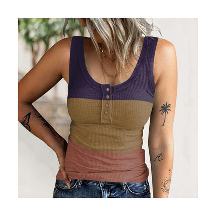 Womens Crew Neck Tank Tops Summer Ribbed Knit Sleeveless Henley Shirts