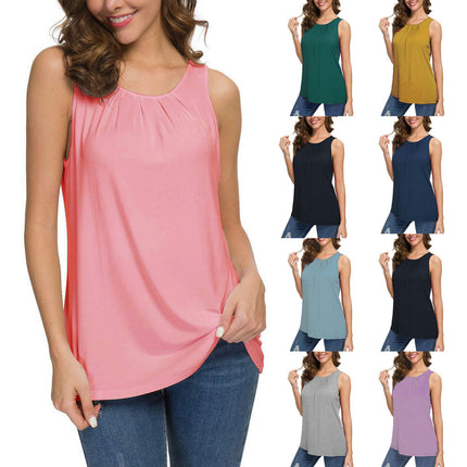 Womens Summer Tank Tops Sleeveless Pleated Crew Neck Loose Fit Shirts