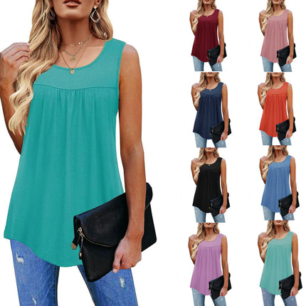 Women Sleeveless Tank Tops Casual Loose Fit Flowy Pleated Crew Neck Shirts