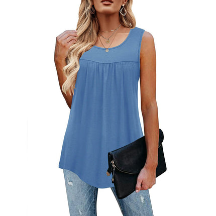 Women Sleeveless Tank Tops Casual Loose Fit Flowy Pleated Crew Neck Shirts