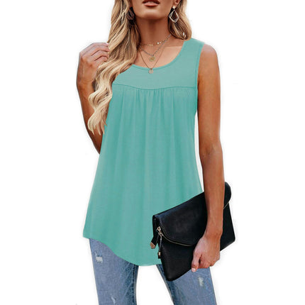 Women Sleeveless Tank Tops Casual Loose Fit Flowy Pleated Crew Neck Shirts