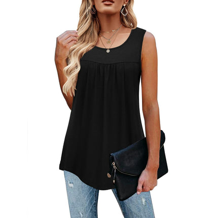 Women Sleeveless Tank Tops Casual Loose Fit Flowy Pleated Crew Neck Shirts