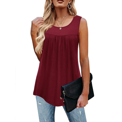 Women Sleeveless Tank Tops Casual Loose Fit Flowy Pleated Crew Neck Shirts