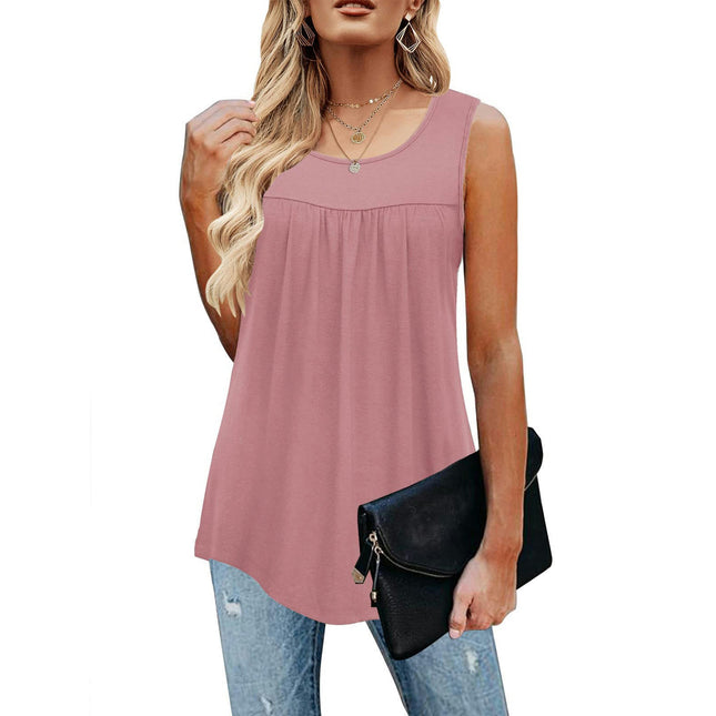 Women Sleeveless Tank Tops Casual Loose Fit Flowy Pleated Crew Neck Shirts