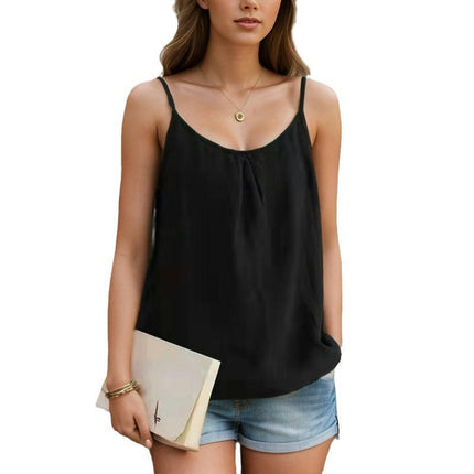 Women Sleeveless Tank Tops Casual Loose Fit Pleated Spaghetti Straps Cami Shirts