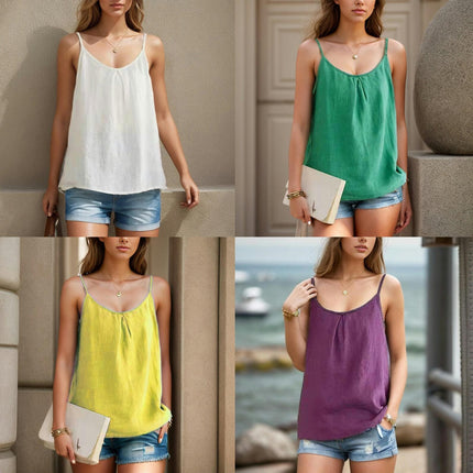 Women Sleeveless Tank Tops Casual Loose Fit Pleated Spaghetti Straps Cami Shirts