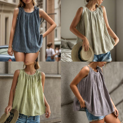 Women's Tank Tops Sleeveless Flowy Pleated Crew Neck Loose Fit Tops