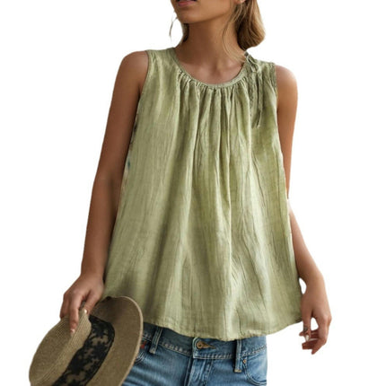 Women's Tank Tops Sleeveless Flowy Pleated Crew Neck Loose Fit Tops