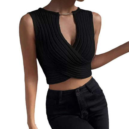 Women's Summer Casual Sleeveless Deep V Neck Knit Wrap Crop Tank Top