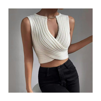 Women's Summer Casual Sleeveless Deep V Neck Knit Wrap Crop Tank Top