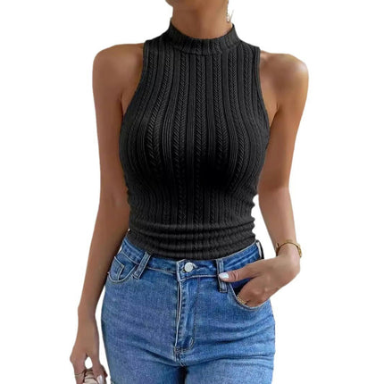 Women Casual Sleeveless Tank Top High Neck Slim Fit Knit Tops