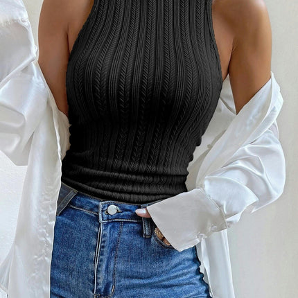 Women Casual Sleeveless Tank Top High Neck Slim Fit Knit Tops