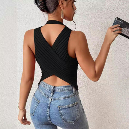 Women's Casual Ribbed Knit Crew Neck Sleeveless Backless Tank Top