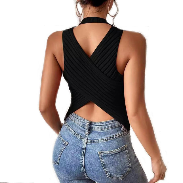 Women's Casual Ribbed Knit Crew Neck Sleeveless Backless Tank Top