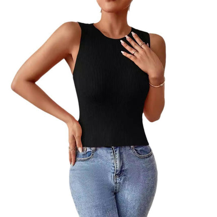 Women's Casual Ribbed Knit Crew Neck Sleeveless Backless Tank Top