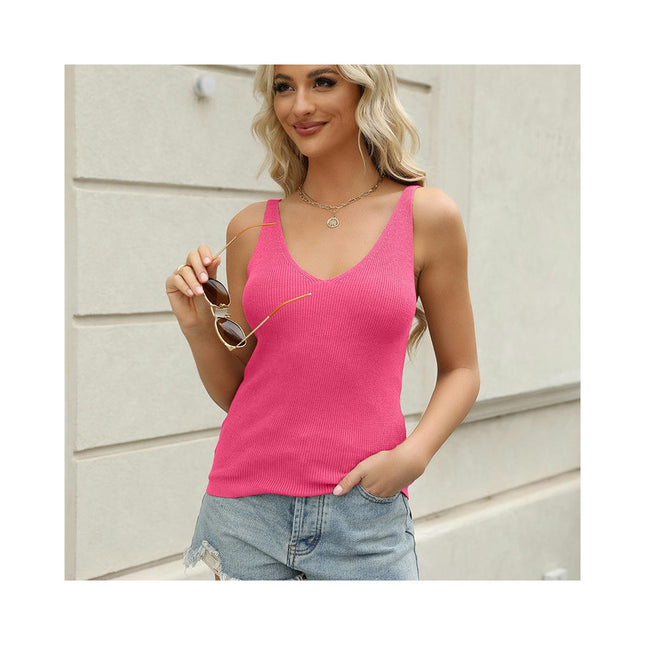 Women's Summer Sleeveless Tank Top Ribbed Knit V Neck Solid Tops