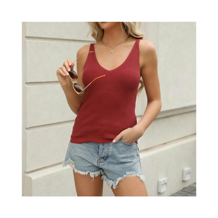 Women's Summer Sleeveless Tank Top Ribbed Knit V Neck Solid Tops