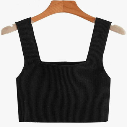 Women's Square Neck Sleeveless Solid Ribbed Knit Crop Top Tank