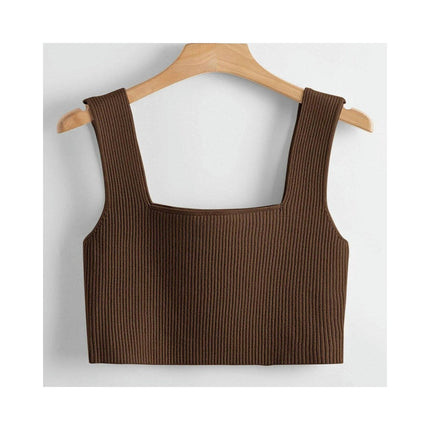 Women's Square Neck Sleeveless Solid Ribbed Knit Crop Top Tank