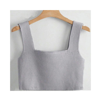 Women's Square Neck Sleeveless Solid Ribbed Knit Crop Top Tank