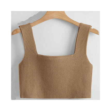 Women's Square Neck Sleeveless Solid Ribbed Knit Crop Top Tank