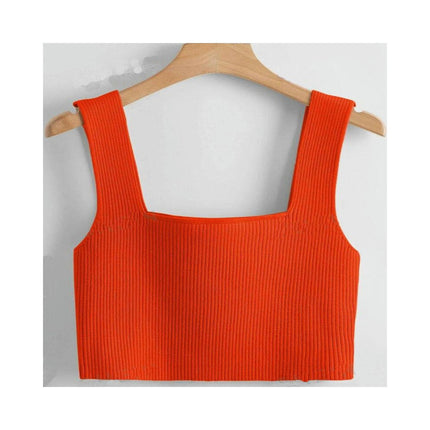 Women's Square Neck Sleeveless Solid Ribbed Knit Crop Top Tank