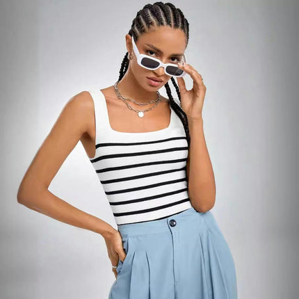 Women Square Neck Ribbed Knit Tank Top Summer Sleeveless Stripes Crop Top