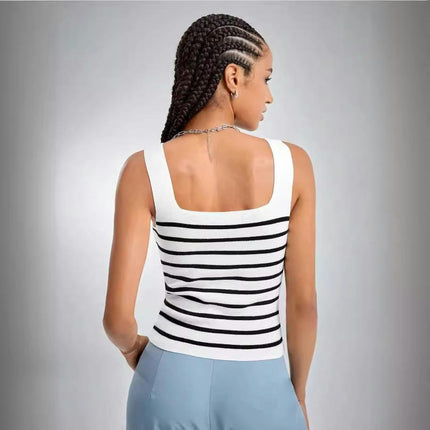 Women Square Neck Ribbed Knit Tank Top Summer Sleeveless Stripes Crop Top