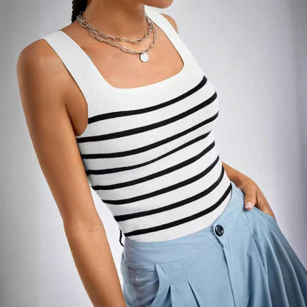 Women Square Neck Ribbed Knit Tank Top Summer Sleeveless Stripes Crop Top