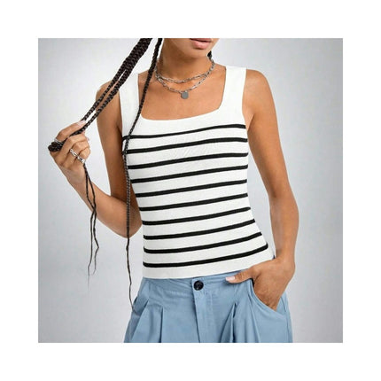 Women Square Neck Ribbed Knit Tank Top Summer Sleeveless Stripes Crop Top