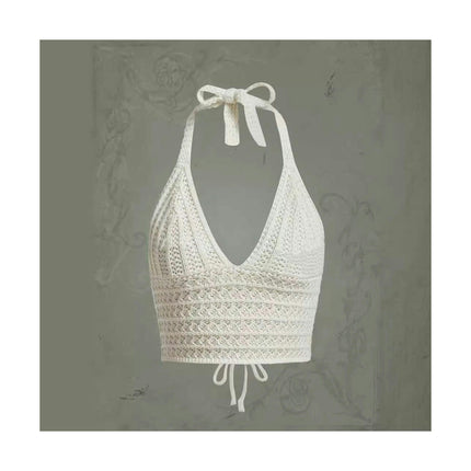 Womens Crochet Halter Crop Tops Summer Sexy Knitted V Neck Sleeveless Camisole Top