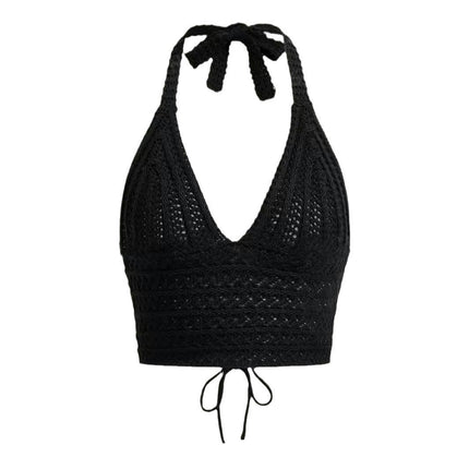 Womens Crochet Halter Crop Tops Summer Sexy Knitted V Neck Sleeveless Camisole Top