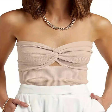 Womens Tube Tops Summer Twist Knot Front Knit Bandeau Strapless Ribbed Sleeveless Crop Top