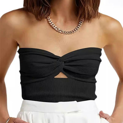 Womens Tube Tops Summer Twist Knot Front Knit Bandeau Strapless Ribbed Sleeveless Crop Top