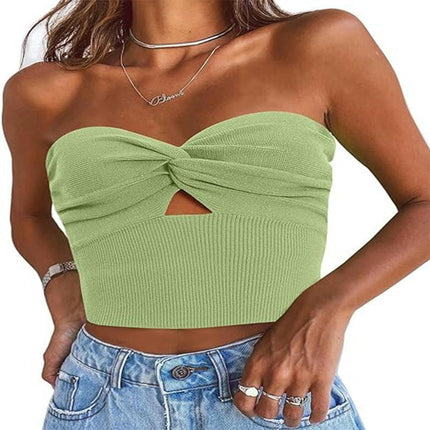 Womens Tube Tops Summer Twist Knot Front Knit Bandeau Strapless Ribbed Sleeveless Crop Top