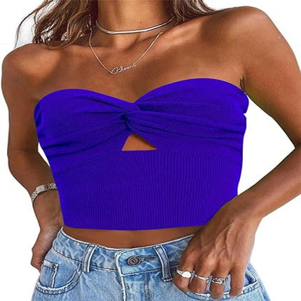 Womens Tube Tops Summer Twist Knot Front Knit Bandeau Strapless Ribbed Sleeveless Crop Top