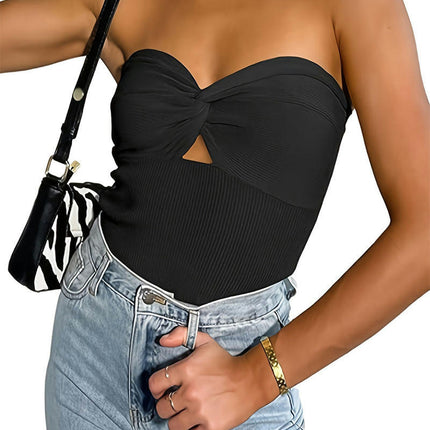 Womens Tube Tops Summer Twist Knot Front Knit Bandeau Strapless Ribbed Sleeveless Crop Top