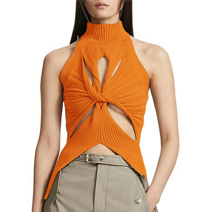 Womens Cutout Twist Front Sleeveless Cut Out Mock Neck Knitted Tank Tops