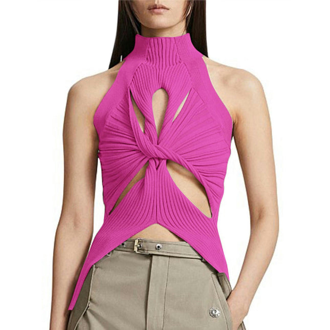 Womens Cutout Twist Front Sleeveless Cut Out Mock Neck Knitted Tank Tops